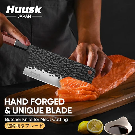 Huusk Japanese Meat Cleaver Knife - 6.7" Hand Forged Knives, 3 Layers 9CR18MOV High Carbon Kitchen Knife, Professional Sharp Cooking Knives with Ergonomic Handle for Meat, Vegetables, Fish