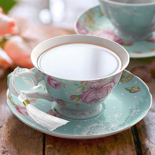 London Boutique Tea Cup and Saucer Set 2 Afternoon Tea Set New Bone China Vintage Flora Gift Box 200m (Turquoise)