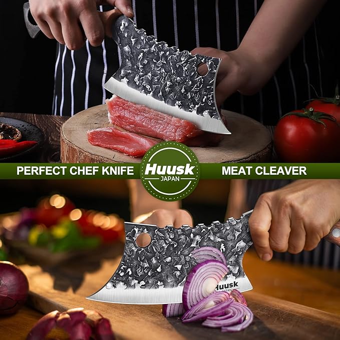 Huusk Japan Knife Hand Forged Meat Cleaver for Meat Cutting Creative Asian Knife for Vegetables Viking Knives with Sheath for Kitchen and Restaurant Use Gifts for Dad Christmas Gift