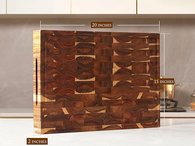 AZRHOM Thick End Grain Acacia Wood Cutting Board 20x15x2 In, Wooden Butcher Block, Chopping Board For Kitchen with Juice Groove Handles Non-Slip Pats (Gift Box)