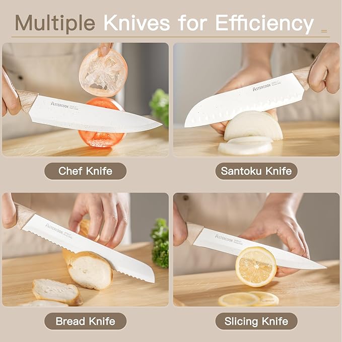 Astercook Knife Set, 13 Pieces Kitchen Knives Set with Ceramic Coating, Stainless Steel Chef Knife Sets with 6 Blade Guards, Dishwasher Safe Sashimi Knives For Fish with Wooden Handle, White