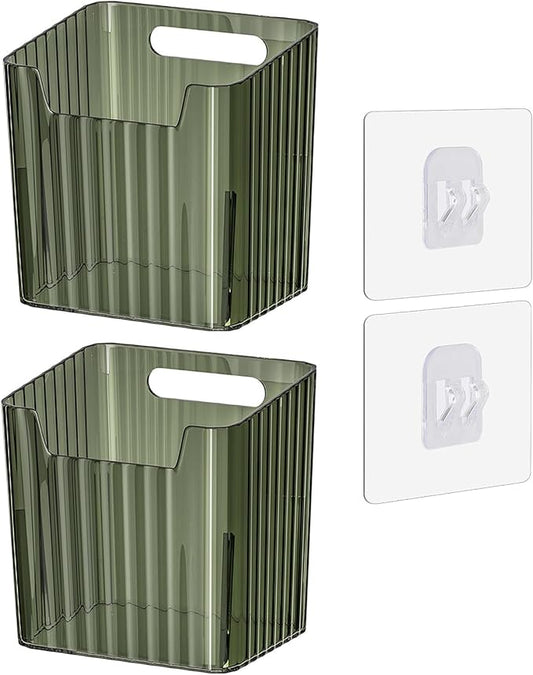 Set of 2 Storage Organizer Bins Wall Mounted Floating Shelves Fridge Organizer Stackable Clear Plastic Storage Bins for Wall, Refrigerator, Kitchen, Bathroom, Countertops, Pantry, BPA Free (Green)