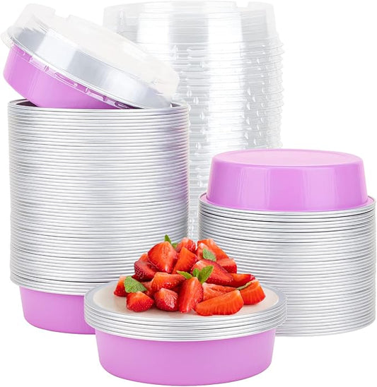 Beasea Disposable Mini Pans with Lids, 100 Pack 4” 8oz Light Pink Aluminum Baking Foil Tins Round Small Tart Container for Individual Cupcake Dessert Muffin Ramekin Cheesecake Quiche Oven Dishes