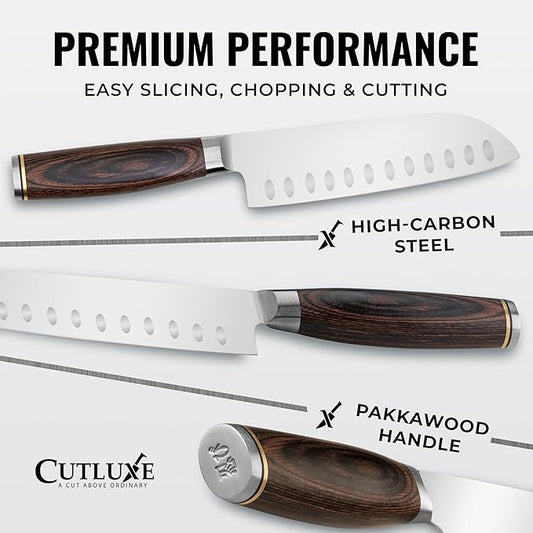 Cutluxe Santoku Knife – Ultra Sharp 5 Inch Vegetable Japanese Knife for Chopping, High Carbon Stainless Steel Blade, Full Tang Pakkawood Handle – Shinobi Series