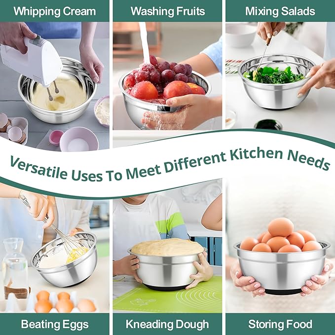 TeamFar Mixing Bowls, 5PCS Stainless Steel Serving Salad Bowls with Lids, For Kitchen Mixing/Baking/Storing/Prepping, Visible & Airtight, Non-Slip Bottom - 4.6/3.5/1.5/1 / 0.7 QT, Black