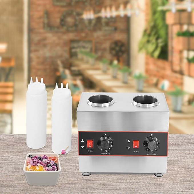 Electric Nacho Cheese Warmer Machine 2 Pot Commercial Hot Fudge Dispenser Stainless Steel Hot Chocolate Dispenser with 2 Sauce Squeeze Bottles for Cheese Caramel Jam Ketchup 320W (2 Pot)