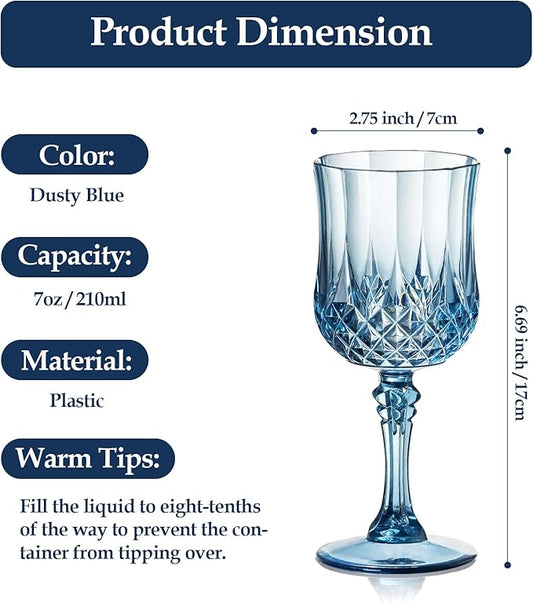 XUWAIDSGN 24 Pcs 7oz Plastic Vintage Wine Glasses Drinking Glasses Unbreakable Wedding Glassware Crystal Water Goblets Reusable Drinkware Vintage Champagne Flutes (24, Blue)
