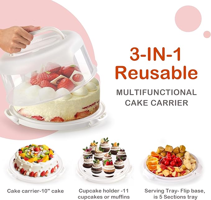 10" Round Cake Carrier Stand with Lid and Handle,Portable Two Sided Cake Holder Serves as 5 Section Fruit Tray,Cupcake Containers for 11 Cupcakes (White)
