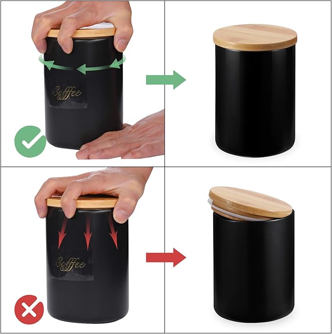 Yangbaga Black Ceramic Canister Set for Kitchen-Set of 3 Kitchen Canisters for Countertop with Airtight Wood,Large Kitchen Storage for Flour,Suger,Coffee-Modern Countertop Decor