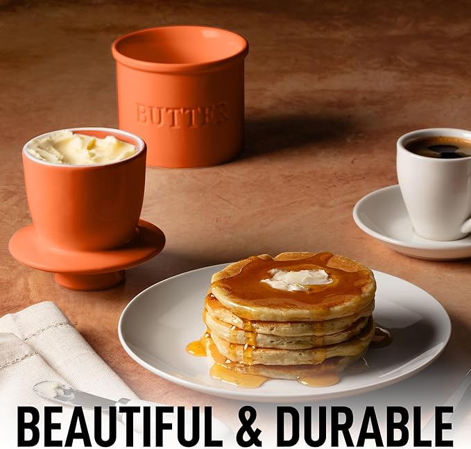 Zulay Kitchen Porcelain Butter Crock With Lid & Knife - Authentic French Butter Dish For Fresh & Spreadable Butter - Orange
