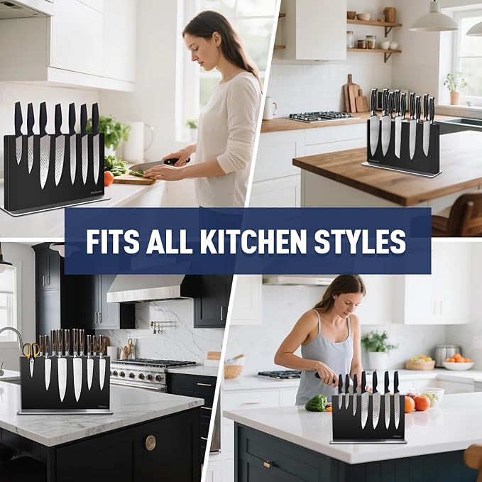 Magnetic Knife Block Without Knives—Black Stainless Steel Double-Sided Magnetic Knife Holder Stand with Strong Magnets, Knife Storage Organizer for Kitchen Counter top, 16.5 inch