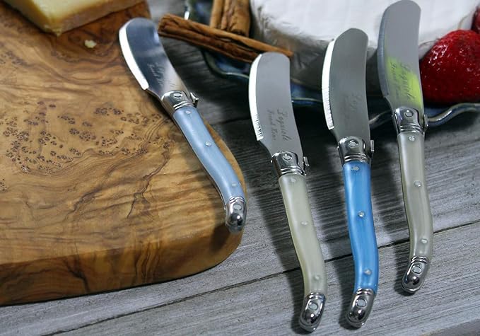 French Home Laguiole 7-Piece Cheese Knife Set - Includes Stainless Steel Spade, Spear Knife, Soft Cheese Knife & 4 Spreaders with Three-Rivet Curved Blue & Ivory Handle and Bee Emblem