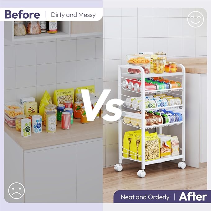 SWTYMIKI Can Organizer for Pantry - Stackable Rolling Snack Cart, Soda Can Organizer, Multi-Functional Shelf with Adjustable Wheels for Kitchen, Office, Living Room, White