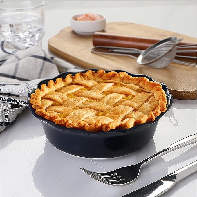ONEMORE Pie Pans, 6.8 inch Small Chicken Pot Pie Plates 16 oz Deep Dish Pie Pan Ceramic Baking Plates for Dessert Oven Safe Round Baking Dish Pans Set of 4 - Blue