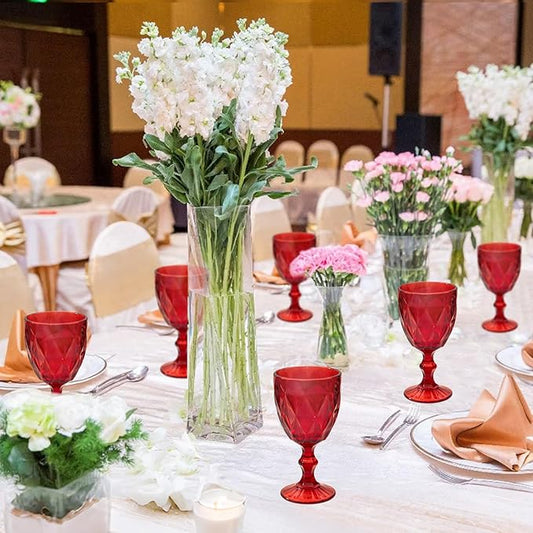 12 Pcs Vintage Wine Glasses, 10 Ounce Colored Glass Water Goblets, Unique Embossed Pattern High Clear Stemmed Glassware Wedding Party Bar Glass Drinking Cups Fancy Wine Glasses Red Set of 12