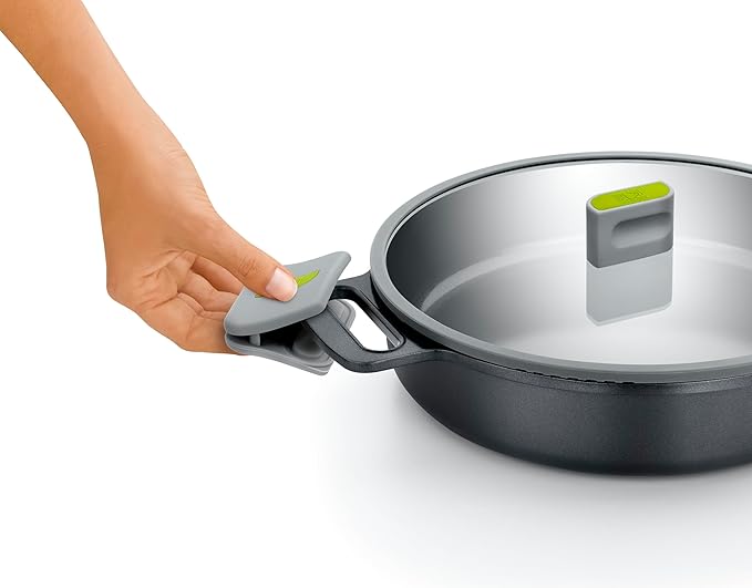 BRA COOKWARE Life Low Casserole w/Glass Lid | 11 inches - 2.9 quarts Recycled Cast Aluminum Casserole | Ceramic Non-Stick | All Heat Sources Compatible | PFOA Free Shallow Pot | Removable Handles