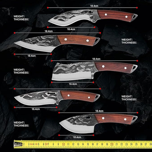 Hand-Forged Kitchen Knife, 5-Piece Professional Chef Knife Set, Outdoor, BBQ Meat Cleaver Cooking, Forged Kitchen Knives with High-Carbon Stainless Steel Cutlery and Leather Sheath.
