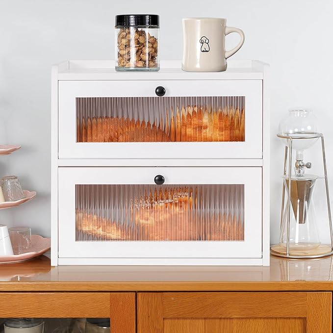Sunhoo Bread Box for Kitchen Countertop Wooden Bread Storage Container Bin 2 Layer Breadbox Holder Large Capacity Keeper Vintage Farmhouse Food Organizer Pantry Shelf Acrylic Window (White)