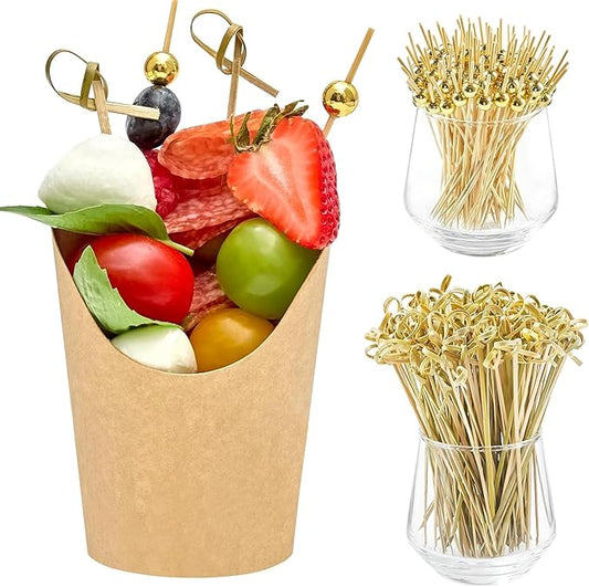 100 Sets 8 oz Small Charcuterie Cups with Sticks, Disposable Kraft Paper Charcuterie Boxes French Fry Holder Individual Appetizer Serving Cup (100 Cups + 400 Cocktail Picks)