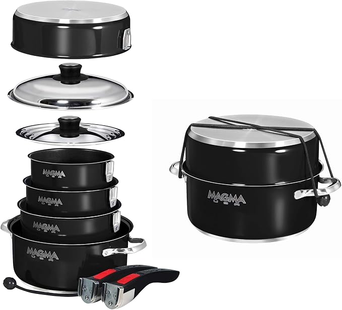 Magma 10 Piece Gourmet Nesting Stainless Steel Cookware Set with Ceramica Non-Stick, Induction Compatible, Oven Safe to 500°F - Suitable for All Stovetops, Removable Handles, Jet Black