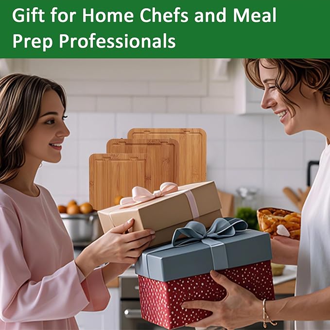 Bamboo Cutting Boards for Kitchen Meal Prep & Serving Set of 3, Wooden Chopping Boards with Juice Grooves & Handles for Meat, Vegetables Easy Clean Ideal Kitchen Gift for Home Cooks & Wedding