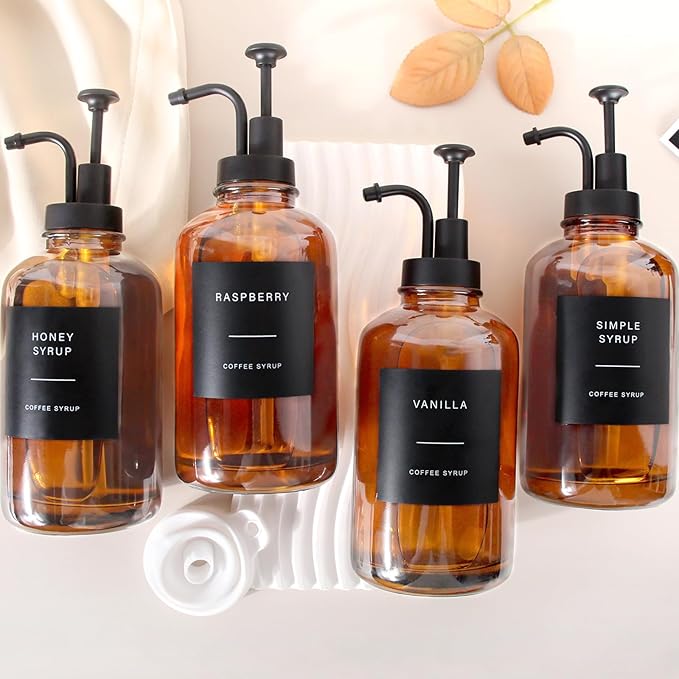 Coffee Syrup Dispenser, Set of 4 Amber Glass Syrup Bottle w. Pump and Labels, 16.9 oz 500ml Glass Syrup Bottle with Pump, Farmhouse Syrup Dispenser for Coffee Bar, Ideal Gift