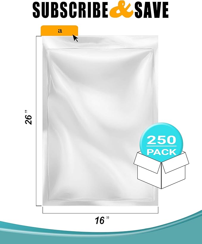 APQ Pack of 250 Jumbo Co-Extruded Vacuum Pouches 16 x 26 Clear Vacuum Food Bags 16x26. Thickness 3 mil Thick. Polyethylene Bags for Packing and Storing. Perfect for Industrial, Food Service.