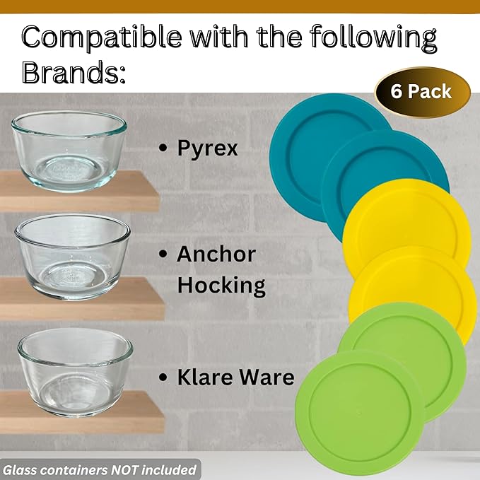 2 Cup/470 mL Turquoise/Yellow/Spring Green Replacement Lids/Covers for Pyrex 7200-PC, 16oz Anchor Hocking & KlareWare Storage Bowls *Lids Only Glass Container Not Included* (6 Pack, Turq/Y/Spring Grn)