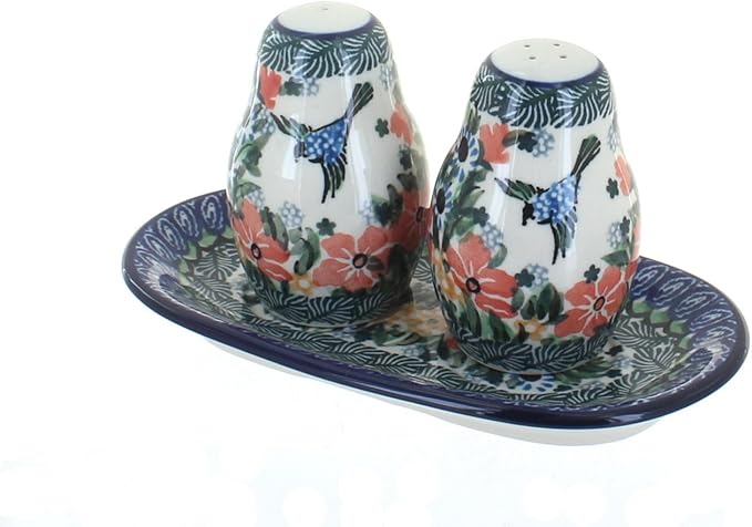 Blue Rose Polish Pottery - Blue Maria Salt & Pepper Shakers with Tray - 3.5" Tall - Hand-Painted Ceramic Seasoning Set for Table & Kitchen