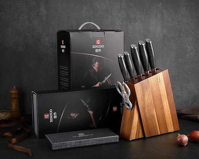 XINZUO Kitchen Knife Block Set,7-Piece Damascus Cooking Knife Set with Kitchen Shears for Professional Chefs and Home Cooking,Pakkawood Handle, Gift Box