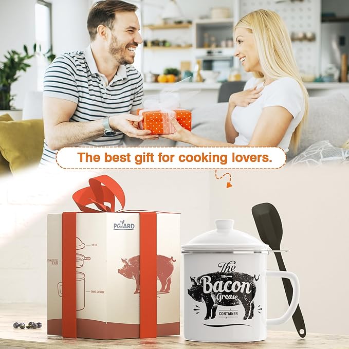 Bacon Grease Container With Strainer, 46OZ Large Enamel Grease Container, With Silicone Spatula, Farmhouse Bacon Grease Keeper, Cooking Oil Container For Kitchen Fat Storage, Dishwasher Safe-White