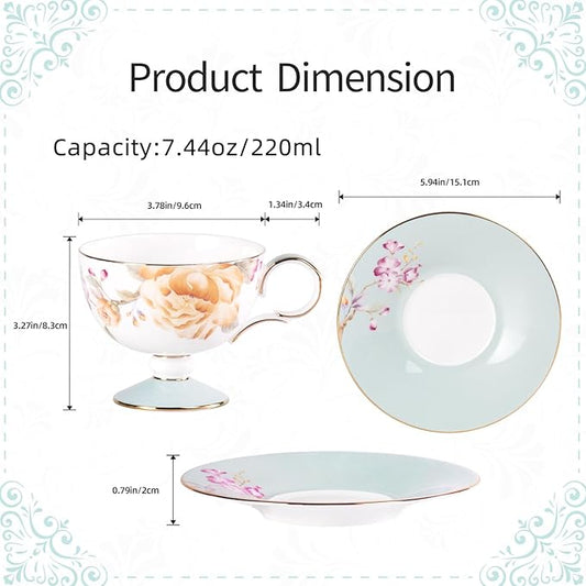 KAMMAK Ceramic Tea Cup and Saucer Set with Gold Trim, Yellow Peony Floral Pattern, Elegant Bone China Coffee Cup with Light Blue Saucer for Afternoon Tea, Gift for Women