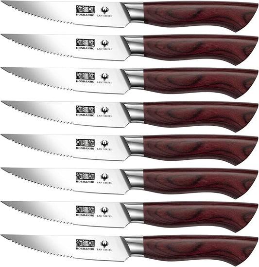Steak Knife Set 8 Pieces, 4.5 Inch Super Sharp High Carbon Stainless Steel Steak Knife Set, Professional Premium Serrated Precise Cutting with Ergonomic Wood Handle