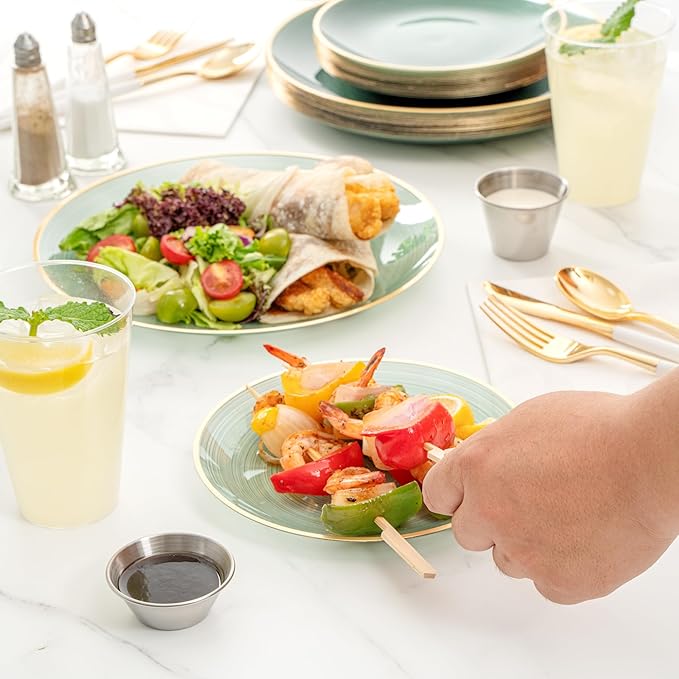 Restaurantware Plastic Plates 200 Pcs 7.13" and 10" Combo Gold Rimmed Plate Set Disposable Heavy-Duty Green Translucent Rippled Plastic Dinner Servers for Party, Weddings, Salads, Desserts