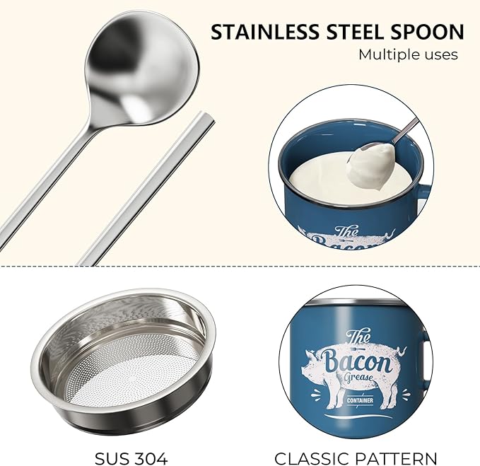 PGYARD Mini Bacon Grease Container With Strainer - 15OZ Enamel Grease Saver, Farmhouse Bacon Grease Keeper For Kitchen Fat Storage, Dishwasher Safe-Blue