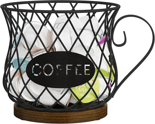 YINMIT K Cup Holder Organizer, Rustic Coffee Pod Holder Organizer, 35 Kcup Holder for Counter with Handle,Large Capacity Black Wire Coffee Capsule Basket for Kitchen Office Desktop (Circular Grid)