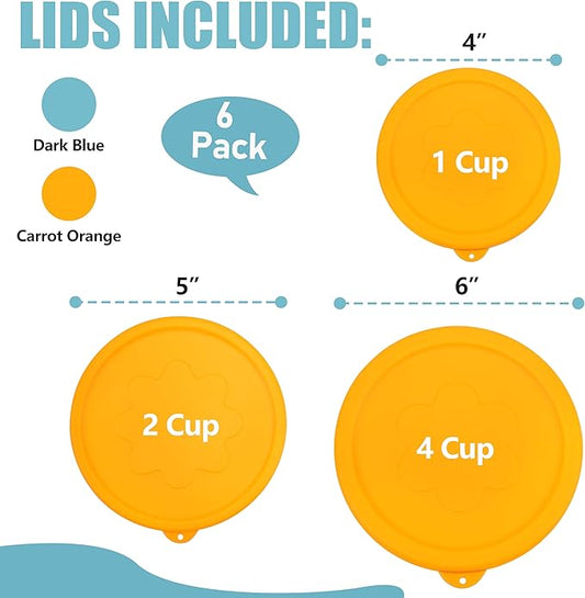 1 Cup 2 Cup 4 Cup Round Silicone Replacement Lids for Pyrex 7202-PC, 7200-PC, 7201-PC Glass Bowls, 6 Pack, Microwave & Dishwasher & Freezer Safe (Container not Included)