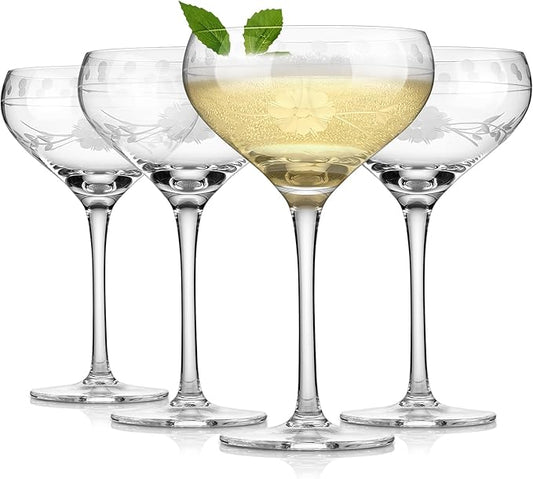 Royalrose Premium Delight Coupe Glasses Set of 4, 10.8 oz – Hand-Blown with Etched Long Stem, Classic Glassware for Weddings, Dinners, and Holiday Gifting (Coupe Glasses)
