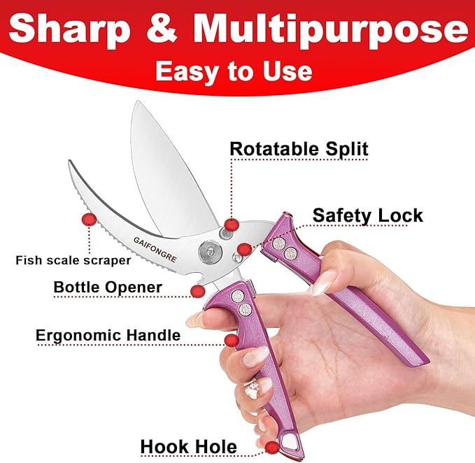 Poultry Shears Heavy Duty,Kitchen Shears for food Heavy Duty,Kitchen Scissors All Purpose,Chicken Shears,Fish,Meat,Easily Separable for Thorough Cleaning,Dishwasher Safe (Purple)