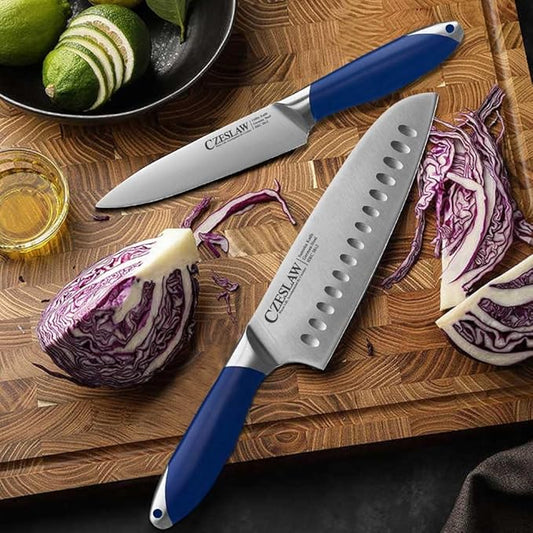 Santoku Knife 2pcs, Japanese 7" Chef Knife & 5" Vegetable Knife, Forged High Carbon German Steel, Full Tang & Razor Sharp, Ergonomic Prussia Blue Handle Design, cooking gifts cooks