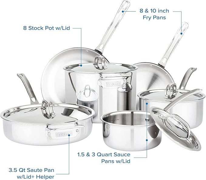 Viking Culinary 3-Ply Stainless Steel Cookware Set with Metal Lids, 10 Piece, Dishwasher, Oven Safe, Works on All Cooktops including Induction,Silver