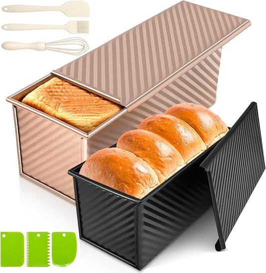 2Pack Pullman Loaf Pans with Lids – 2.2 LB & 1 LB Dough Capacity, Non-Stick Carbon Steel Bread Pans for Homemade Sandwich and Sourdough Bread, Corrugated Toast Mold