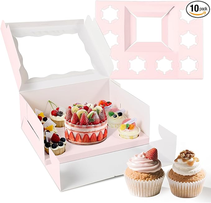Pink 1+8 paper box 10pcs Bakery Boxes with Window,Stackable Cake and Cupcake Carriers, for Birthdays & Parties (Pink, 1+8(10Pack))