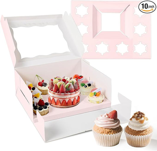Pink 1+8 paper box 10pcs Bakery Boxes with Window,Stackable Cake and Cupcake Carriers, for Birthdays & Parties (Pink, 1+8(10Pack))