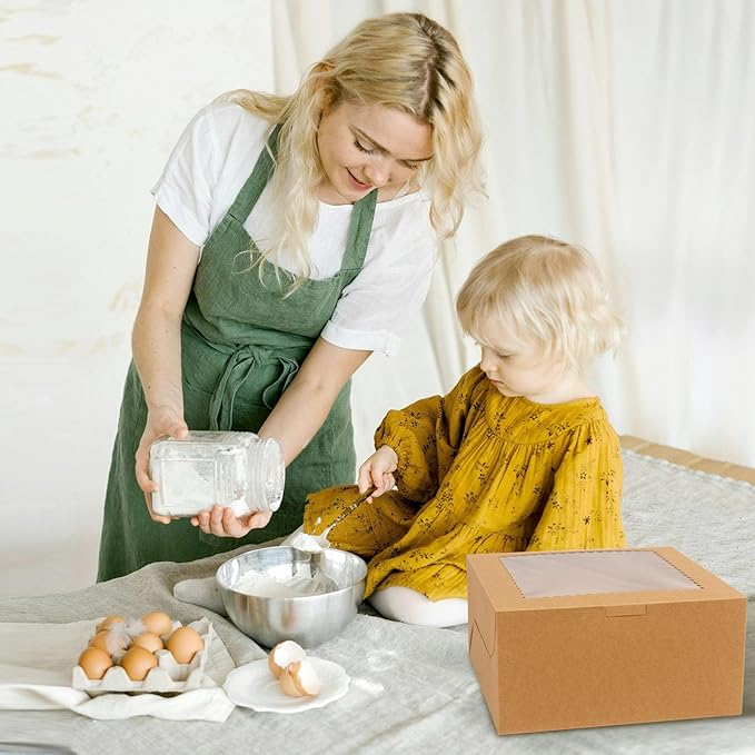 20Pcs 10 Inch Cake Boxes with Window, 10x10x5 Inches Brown Bakery Boxes, Cake Carrier Container for Pastries, Pie, Cookies, Chocolates, Cupcakes, Birthday Party, Wedding