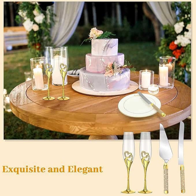 Elegant Wedding Champagne Flutes and Cake Knife Set, Features Rhinestone Rimmed Toasting Glasses and Cake Cutting Server for Couple’s Special Day (Silver) (Gold)