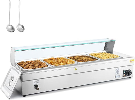 WILPREP Commercial Food Warmer with Four 1/2 Pans, Electric Warmer for Food with Sneeze Guards Adjustable Temp. & Auto Shutoff, Stainless Steel Food Heating Unit for Buffet Food Truck Hotel Catering