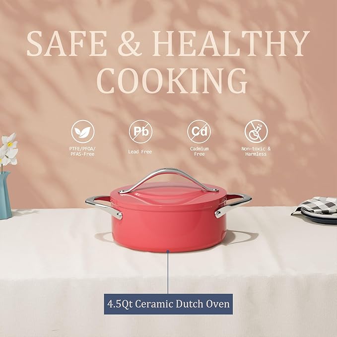 Stock Pot 4.5qt Dutch Oven with Lid (9.5") Nonstick Ceramic Coated Non-Toxic PFAS-Free Even Heat Distribution for Braising, Baking Bread & Soups, Compatible for All Cooktops(Induction/Gas/Electric) Oven Safe to 500ยฐF (Fusion Red)