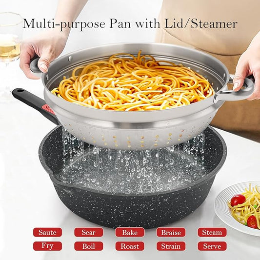 11 Inch Nonstick Deep Frying Pan with Lid, 4-Pc Set - (4.5 Qt Saute Pan with Lid, Steamer/Strainer Basket, Silicone Spatula), Skillet with Detachable Handle, Oven Safe, Non-Toxic