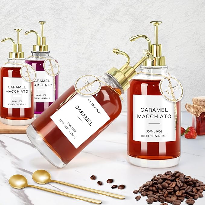 Coffee Syrup Dispenser for Coffee Bar, Set of 4 Simple Glass Syrup Bottle w. Labels and Coffee Scoop, 16.9 oz 500ml Coffee Syrup Pump Dispenser, Coffee Bar Accessory Syrup Dispenser w. Golden Pump